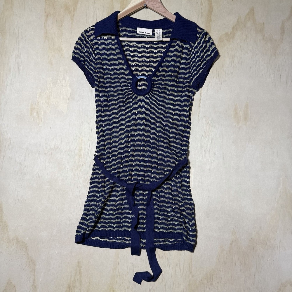 DKNY Jeans Women's Small Knit‎ Tunic Sweater Blue Gold Metallic Belted Y2K
